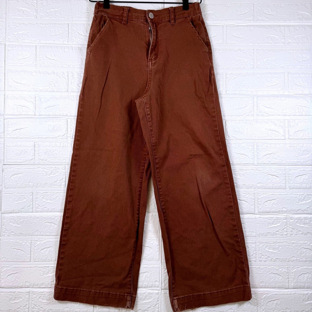 Forever 21 Wide Leg Pants Womens Medium Brown High Rise Elastic Back Hem Fray